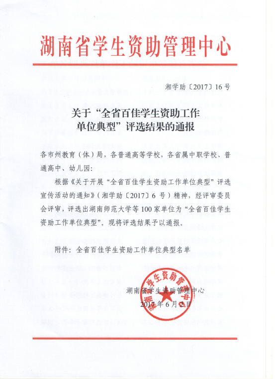 学院被评为“全省百佳学生资助工作单位典型”